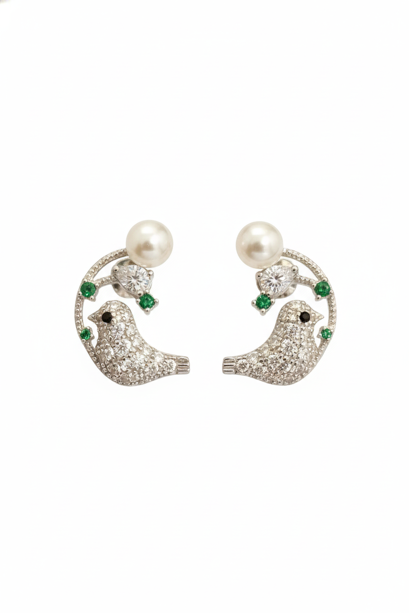Emerald Whisper Pearl Bird Stud