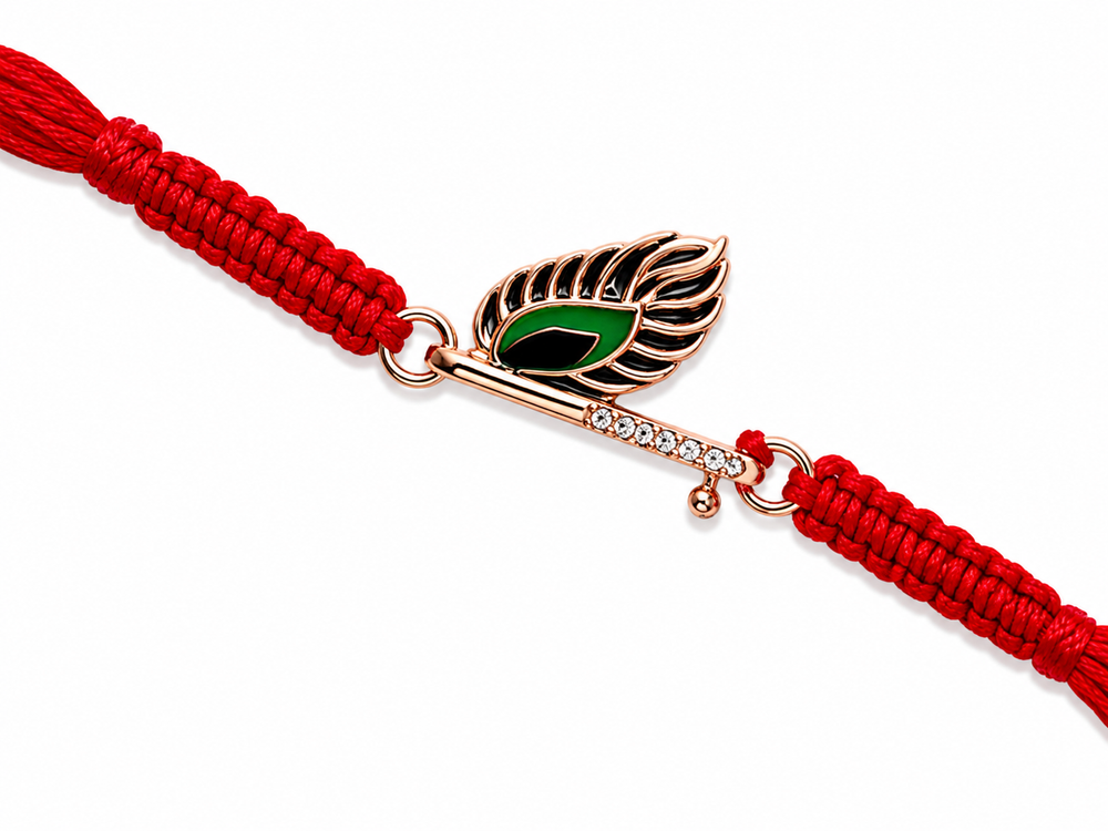 925 Sterling Silver Vrindavan Mor Pankh Rakhi with Sacred Red Thread | Premium Krishna Peacock Feather Rakhi for Brother | Raksha Bandhan | Mohè Jewels