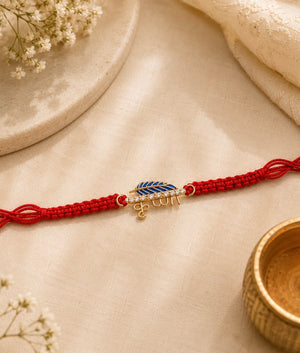 925 Sterling Silver Madhav Bansuri Blessing Rakhi with Peacock Feather & Sacred Red Thread | Premium Krishna Rakhi for Brother | Raksha Bandhan | Mohè Jewels