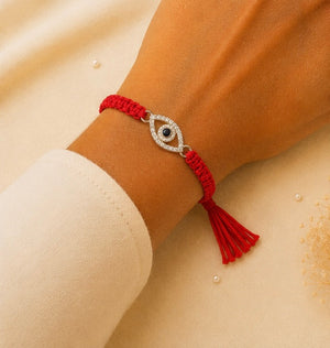 925 Sterling Silver Nazar Suraksha Rakhi with Sacred Red Thread | Premium Evil Eye Rakhi for Brother | Raksha Bandhan | Mohè Jewels