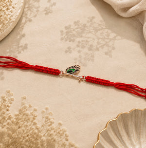 925 Sterling Silver Vrindavan Mor Pankh Rakhi with Sacred Red Thread | Premium Krishna Peacock Feather Rakhi for Brother | Raksha Bandhan | Mohè Jewels