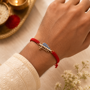 925 Sterling Silver Madhav Bansuri Blessing Rakhi with Peacock Feather & Sacred Red Thread | Premium Krishna Rakhi for Brother | Raksha Bandhan | Mohè Jewels